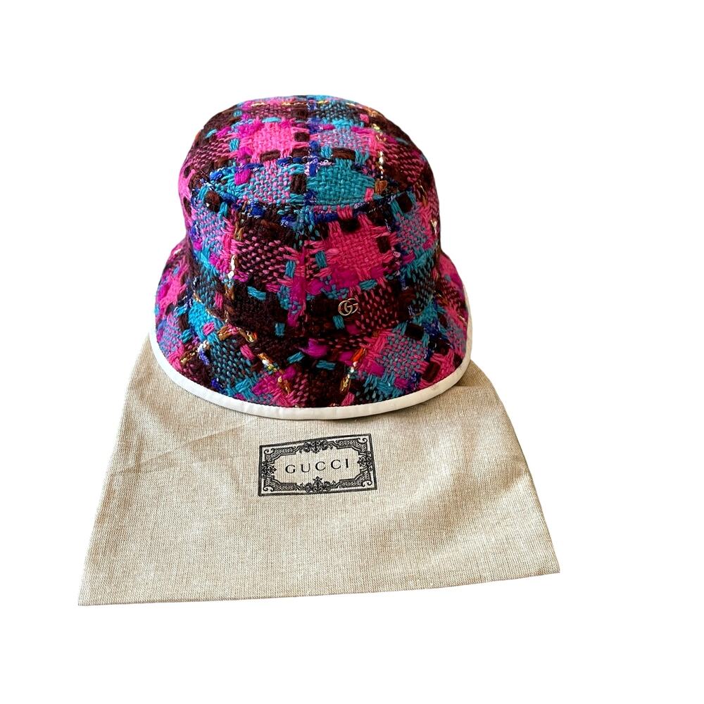 GUCCI GG Elevation Tweed Spicy Check Bucket Hat Cap 728469 Size Medium NEW - Picture 2 of 16